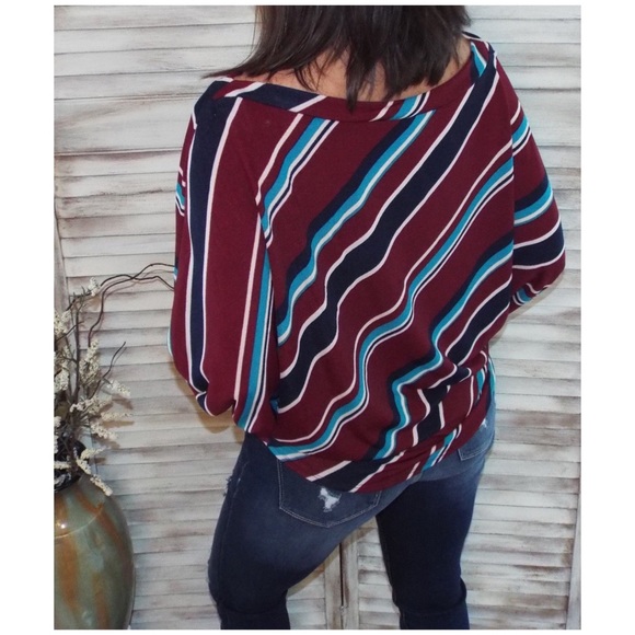 Striped Boatneck Dolman Off Shoulder Burgundy 0120 - Picture 2 of 11